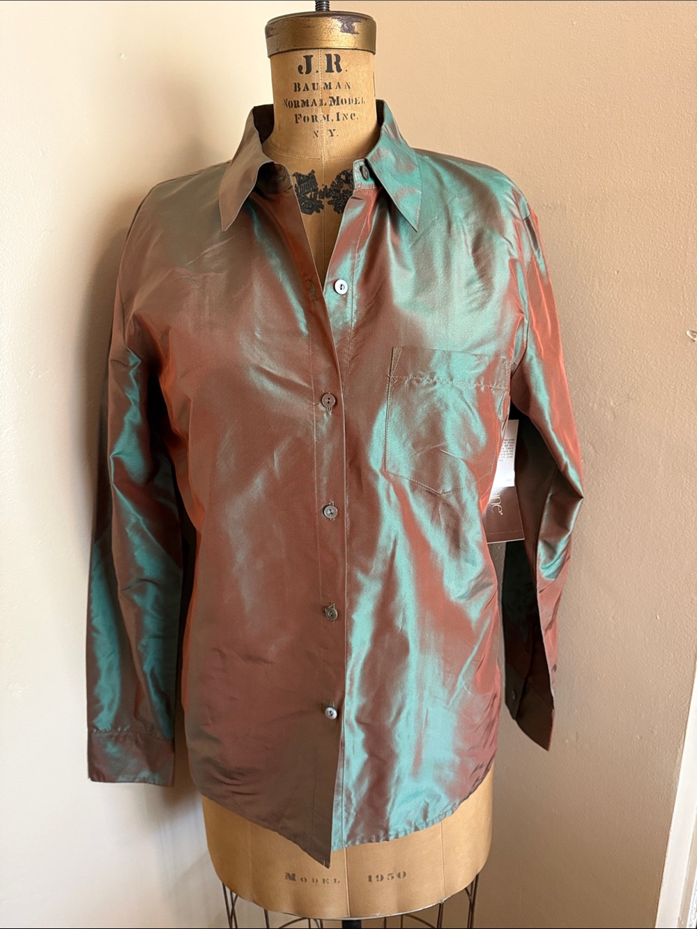 NWT Karen Kane Silk Iridescent Bronze Teal Blouse L Made USA